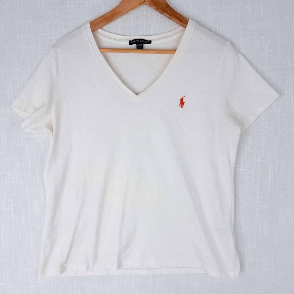 Ralph Lauren T-Shirt Womens Medium Ivory Sport V-Neck Short Sleeve Pony Logo y2k